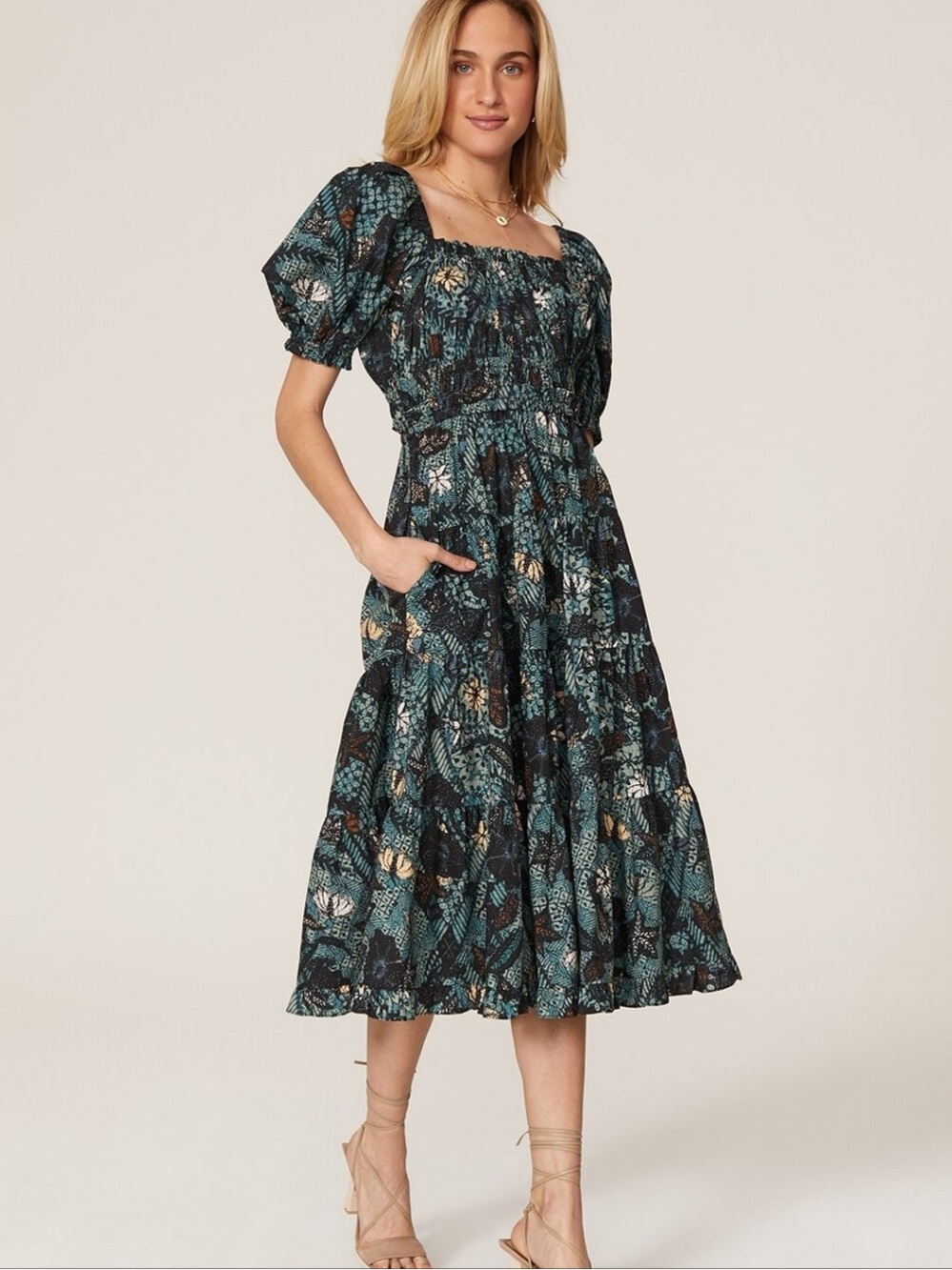 Ulla Johnson Iliana Rainforest Teal and Black Floral Smocked Midi Dress